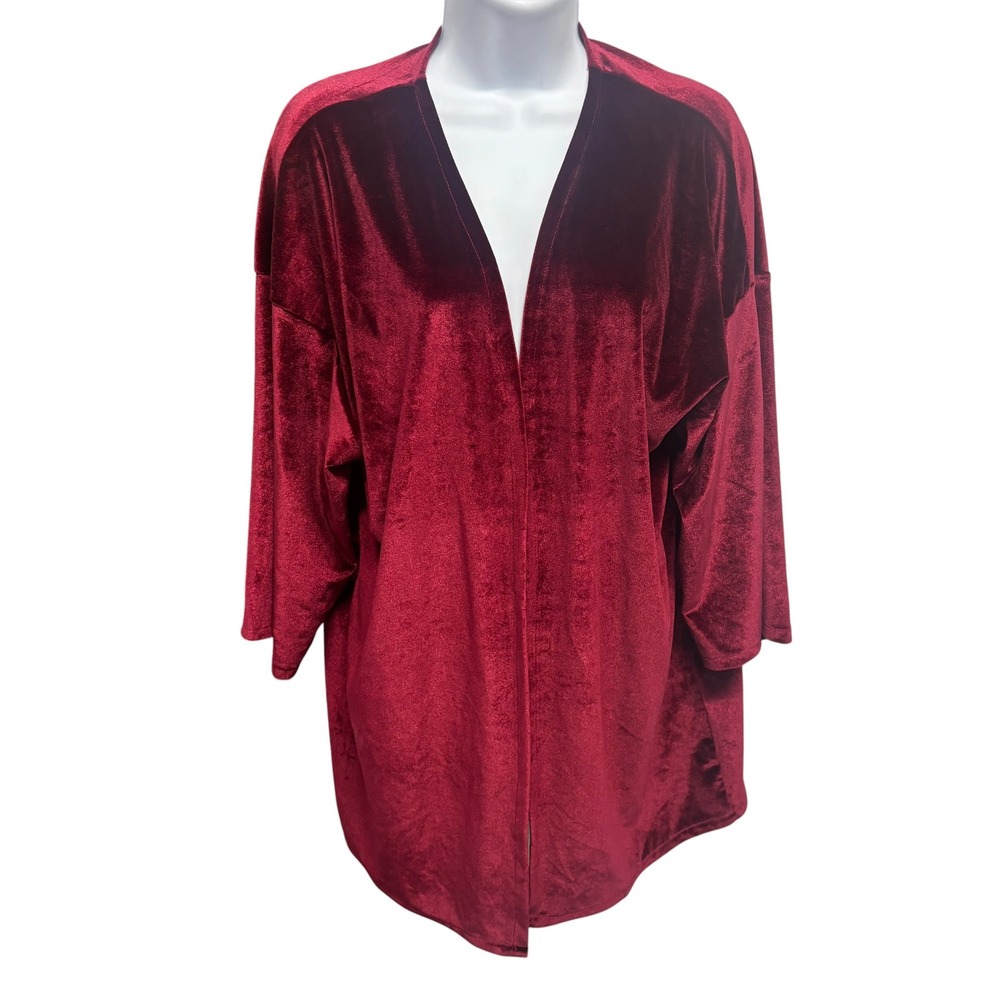 Kate Landry Womens Burgundy Velvet Kimono Wrap Open Front Cardigan One Size